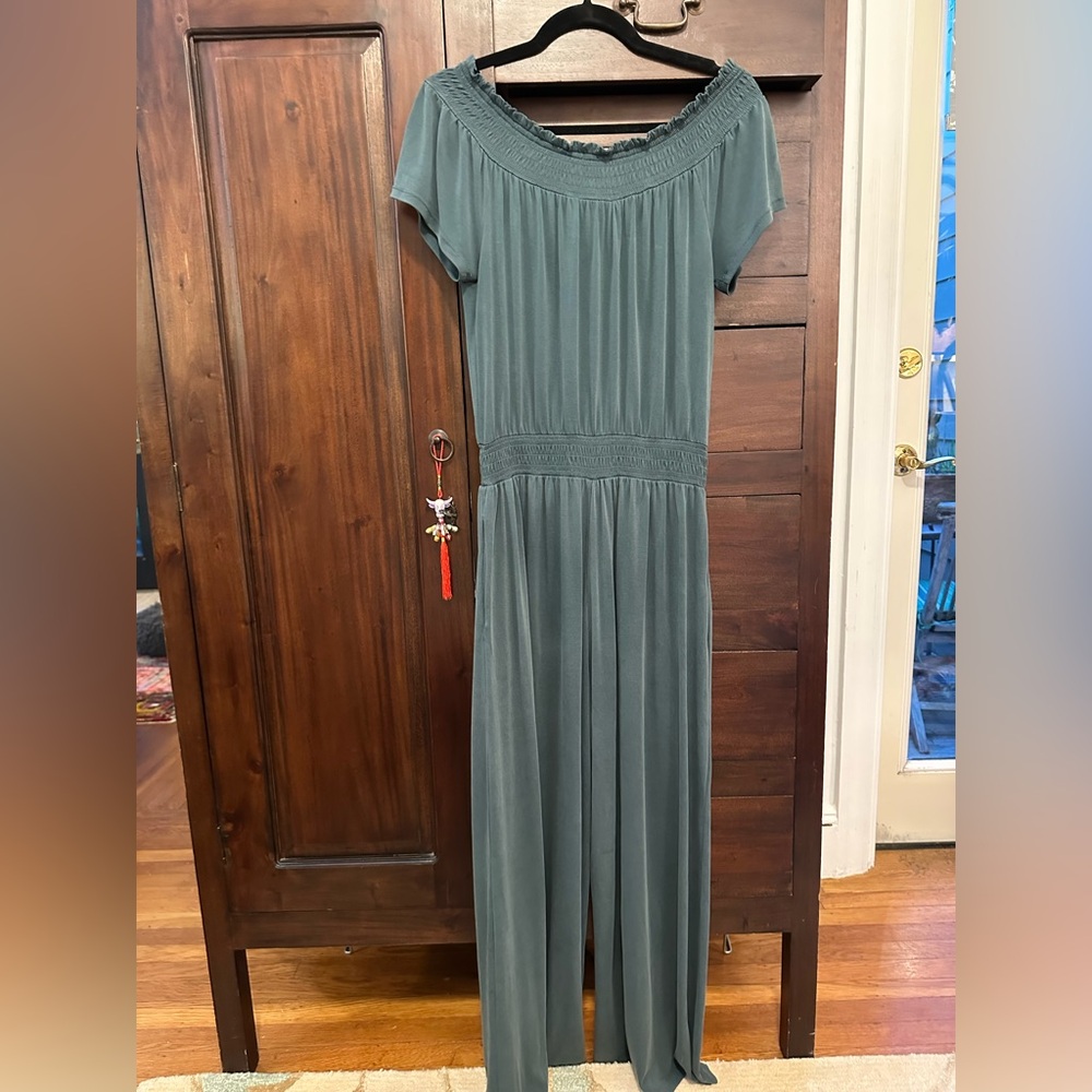 Saturday Sunday (Anthropologie) teal off-the-shoulder wide leg jumpsuit - MP - Picture 4 of 12